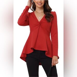 NEW Red V Neck Twist Front Long Sleeve Tunic Peplum Top XL